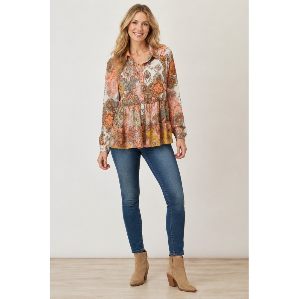 Figueroa & Flower Sheer Button Front Lined Top Womens Small Orange Mandala Print